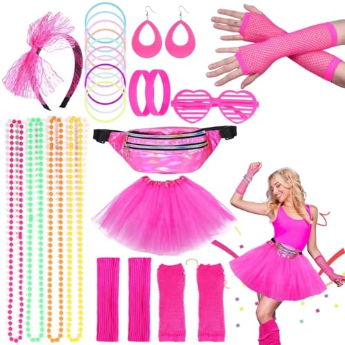 Kareeran Déguisement Année 80 Accessoire Femme, 80s Disco Costume Perruque Headband Boucles d'oreilles Lunettes de Soleil Filets de Pêche Gants Bracelet Collier Warm Legs Noël Party