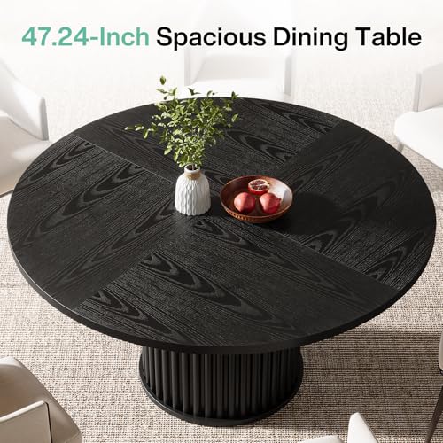 Image of Tribesigns 47.24-Inch Black Round Dining Table for 4-6 People, Modern Fluted MDF + Metal Base Kitchen Table, Sturdy Circle Dining Room Furniture, Black