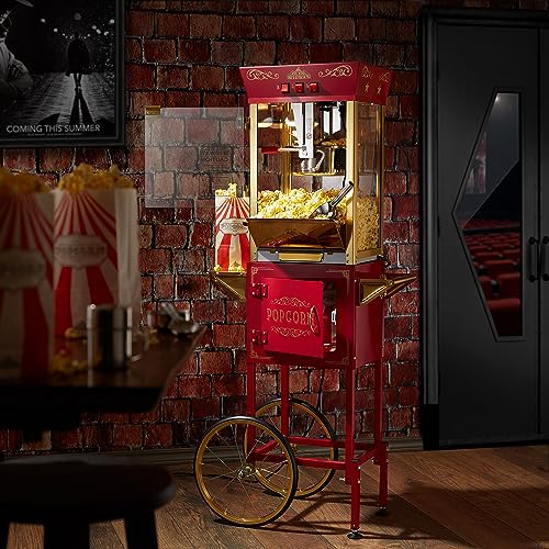 Olde Midway Movie Theater-Style Popcorn Machine Maker with Cart and 10-Ounce Kettle - Red, Vintage-Style Popper on Wheels