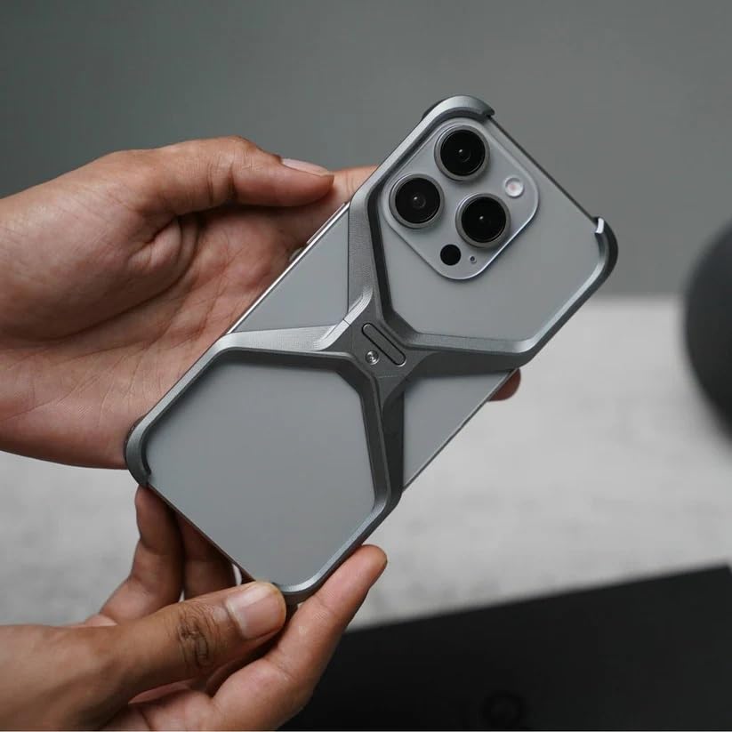 Image of Frameless X Shaped Case Compatible with iPhone 16 Pro | Luxury Aluminum Armor Case | Super Slim Premium Metal - Grey