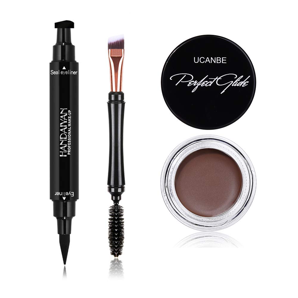 UCANBE Waterproof Eyeliner Cream + Dual-ended Black Liquid Winged Eyeliner Stamp Pen + Two Head Brush Set Makeup Long Lasting Quick Flick Smudge-proof Natural Eyes Liner (01 Soft Brown)