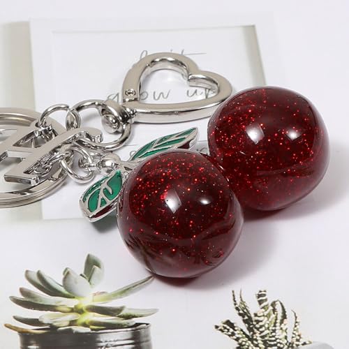 Heart-Shaped Keychain with Initial A-Z and Cherry Charm Bag Charms for Women,Car Accessories
