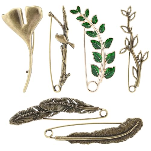Image of 6 Pcs Large Safety Pins, Unique Styling Design Vintage Chic Brooch Pins Decorative Safety Pin-s for Clothing Giant Retro Sweater Lapel Pins Vintage Brooch Pin-s for Women(Color:Bronze)