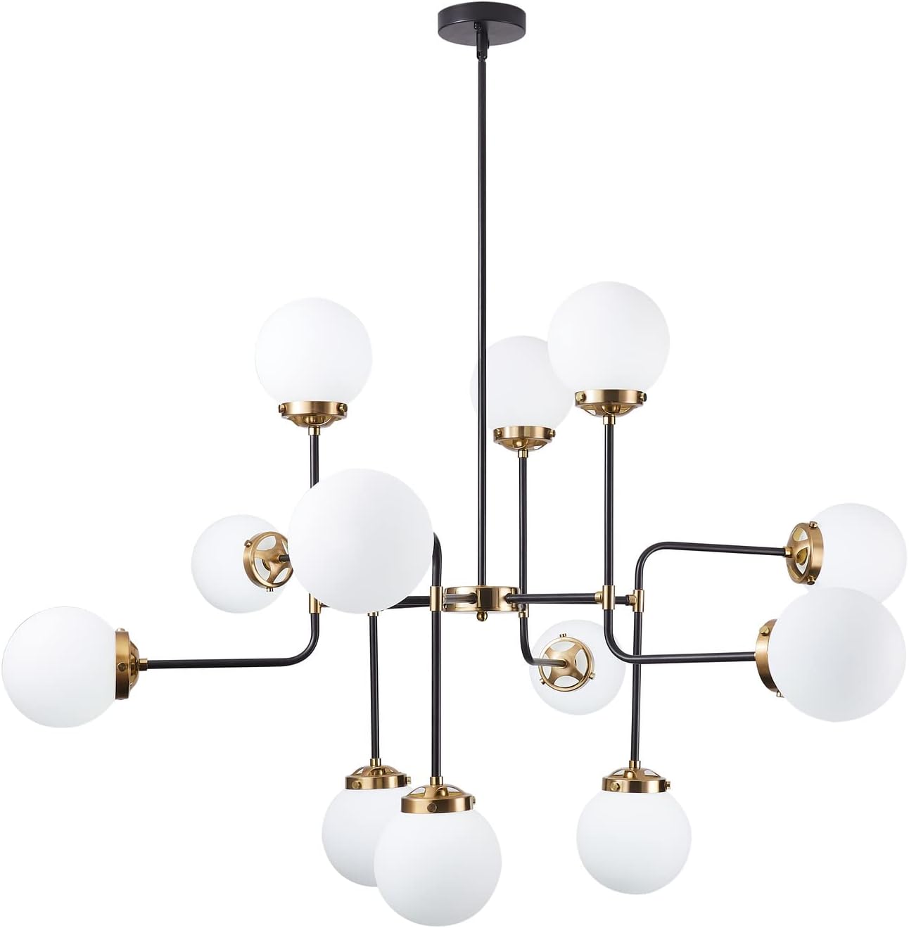 Pendant Light Fixture 12-Light Modern Black Gold Finish Chandelier Milk White Glass Globes Linear Chandeliers 360°Rustic Pendant Lighting for Living Room,Dining Room,Kitchen Island