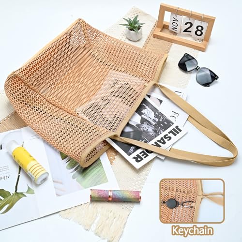 Image of Iioscre Beach Bag for Women, Causal Hobo Handbags with Zipper Inner Pocket, Foldable Swim Tote Bag for Vacation Essentials