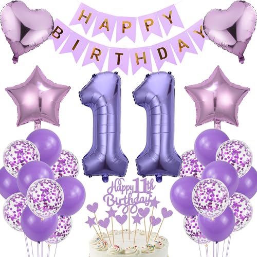 11th Birthday Decoration Purple Party Supplies Gift Balloon Set with Number 11 Foil Balloons Happy Birthday Banner Reusable Cake Topper Table Decor for Girls Boys 11 Years Celebration