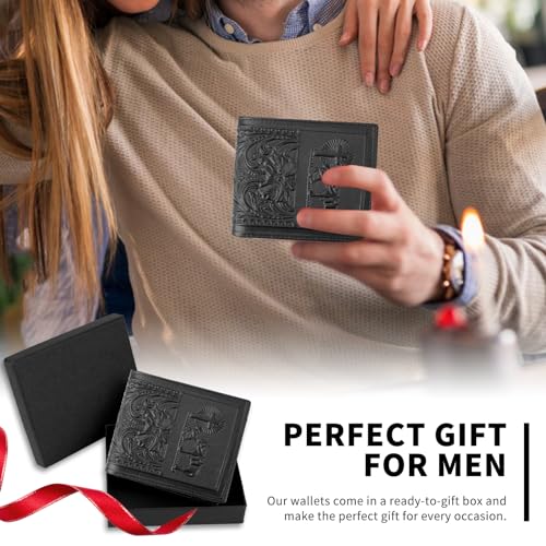 Image of Mens Rodeo Short Wallet Western RFID-Blocking Bifold Leather Wallet with ID Window - Full Grain Leather Wallets Unique Gift for Men, 02--Black