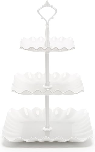 Miniatura 1 de Coitak Soporte para cupcakes de 3 niveles, soporte de plástico escalonado, bandeja de postre ondulada para fiesta de té, baby shower y boda (blanco