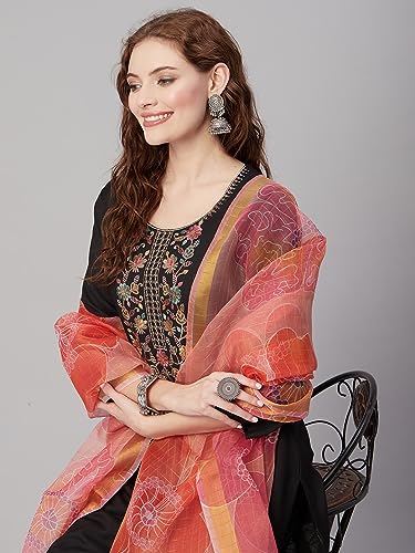 Image of GoSriKi Women's Cotton Blend Straight Embroidered Kurta with Pant & Dupatta