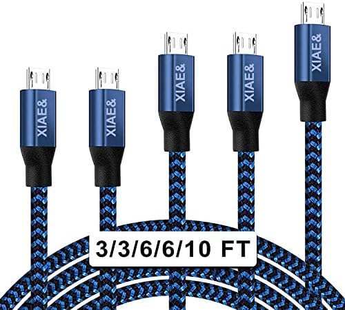 Micro USB Cable,XIAE& 5Pack (3/3/6/6/10FT) Nylon Braided Fast Charging Cable Aluminum Housing USB Charger Android Cable for Samsung Galaxy S7 Edge S6 S5,Android Phone,LG G4,HTC and More (Blue)
