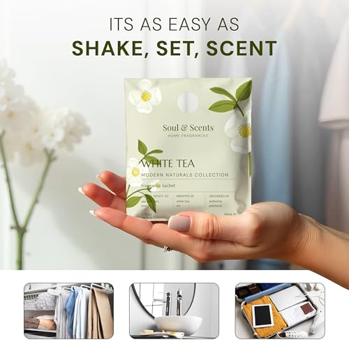 Image of Soul & Scents White Tea Fragrance Sachet | Refreshing Aroma of White Florals & Sea Breeze | Long-Lasting Air Freshener for Car, Wardrobe, Kitchen, and Travel Bag | Pack of 3-20gm Each