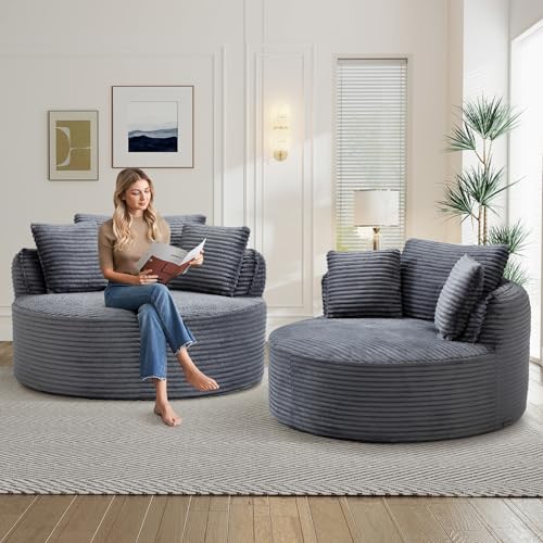 Image of Antetek 53.5-inch Round Chair, Modern Accent Corduroy Comfy Deep Seat Boneless Foam Floor Single Circle Chaise Sofa Chair with 3 Pillows for Living Room Bedroom Office, No Assembly Required, Grey