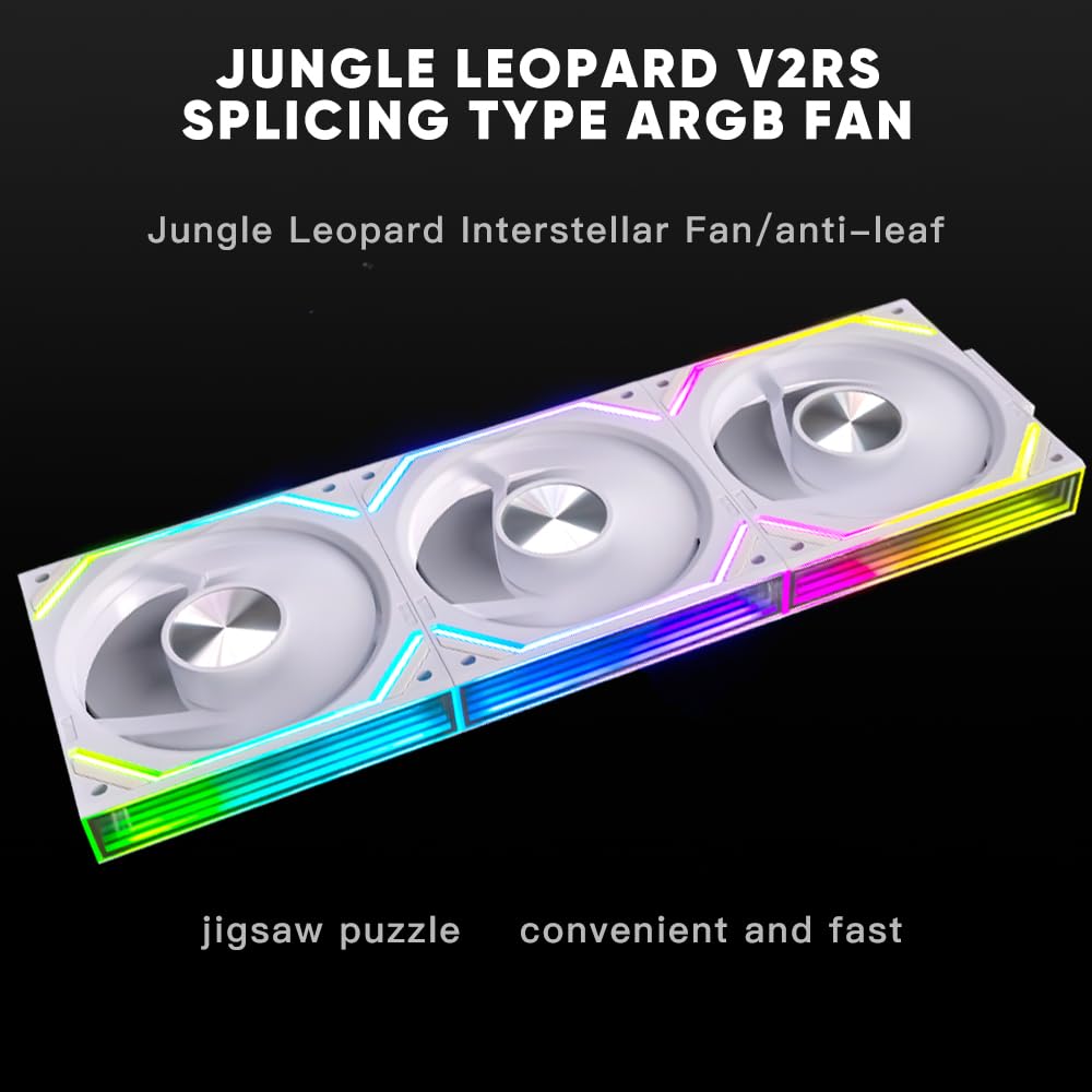 Jungle Leopard Ventilador de PC JM-V2 RS 120 Infinity Mirror Module Daisy Chain ARGB Ventilador de 120 mm, paquete triple adecuado para carcasa de computadora y enfriador AIO de 360 mm (blanco)