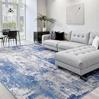 RELEANY Washable Area Rugs 9'x12' Non-Slip Modern Abstract Soft for Living Room Entryway Bedroom, Print Pattern, Blue Grey Navy Gray