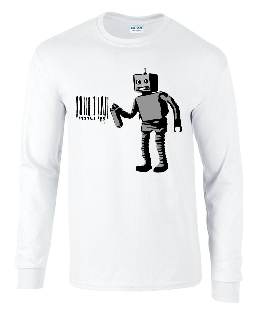 Tribal T-Shirts Mens Banksy Robot Barcode Long Sleeve T-Shirt (Medium, White)