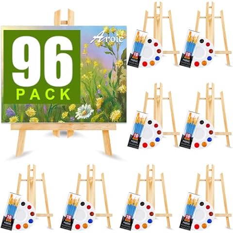 AROIC 96 PCS Painting Supplies Set with Easels, 8 PCS Wood Easels, 8 Packs of 80 Brushes with Nylon Brush Head and 8 PCS Palettes, Tabletop Wooden Art Easel for Kids & Adults Sip and Paint Party Cover