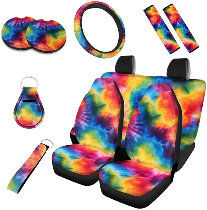 Rainbow Tie-Dye Gradient Pattern Full Set 10 Pcs Car Colorful Fade Accessories Set Seat Cover Steering Wheel Cover Wrist Holder Keychain
