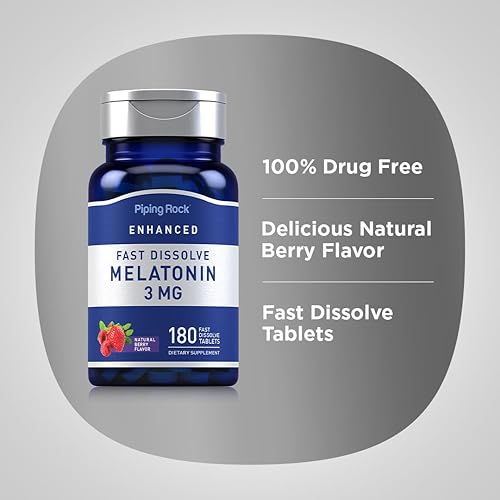 Miniatura 4 de Piping Rock Melatonina 3 mg | 180 tabletas de disolución rápida | Sabor a bayas | Fórmula de apoyo para adultos | Sin OMG, sin gluten