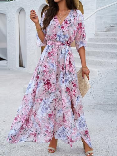 Womens Half Sleeve Wrap V Neck Chiffon Floral Casual Maxi Dress Spring Summer Wedding Guest Dresses for Women 20254