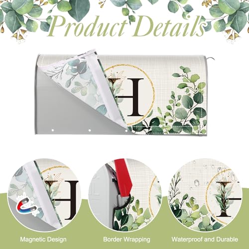 Image of Tiamon Monogrammed H Mailbox Covers Magnetic Eucalyptus Welcome Letter Box Wrap Standard Size 21x18 Inch Spring Summer Leaves Mailbox Decor Eucalyptus Letter Numbers Decoration for Outdoor Garden Yard