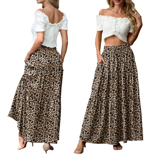 Image of Lepunuo Womens Casual Boho High Waisted Flowy Maxi Skirts Tiered Floral Long Skirts with Pockets for Summer Beach Vacation