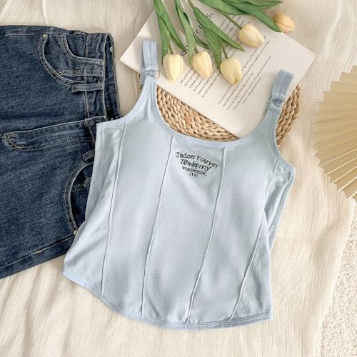 Image of Celary Women's Ribbed Adjustable Strap Camisole Padded ||Soft Stretch Cotton Tank Top Trendy Sleeveless Top for Girls & Women||J'Adore Forever Embroidery||Casual Summer Wear