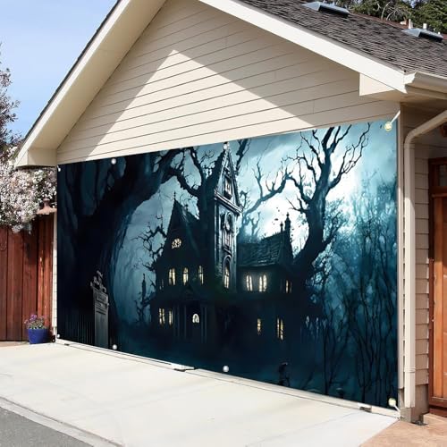 519P0wrQzML Leyiyi 7x16ft Halloween Garage Door Decoration Banner Spooky Graveyard Castle Haunted House Halloween Garage Door Cover for Home Outdoor Wall Door Halloween Decoration