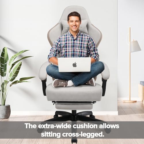 Sedia da gaming, ergonomica, da scrivania, con superficie in tessuto, cuscino a molla, braccioli di collegamento e poggiapiedi, beige-marrone - Sedia gaming - Immagine 2