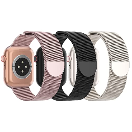 3 Pack Mesh Metal Band Compatible with Apple Watch Band 38mm 40mm 41mm 42mm 44mm 45mm 46mm 49mm, Stainless Steel Magnetic Loop Strap for iWatch Ultra/2 Series 10/9/8/SE/7/6/5/4/3/2/1 Men Women