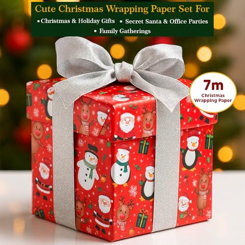 ANGIX 4 x 7M Christmas Wrapping Paper Roll, Traditional Xmas Character Gift Wrap Wrapping Paper Roll Perfect for Christmas, Birthday, Festival Party or Wedding Gift & Festive Decoration - Image 2
