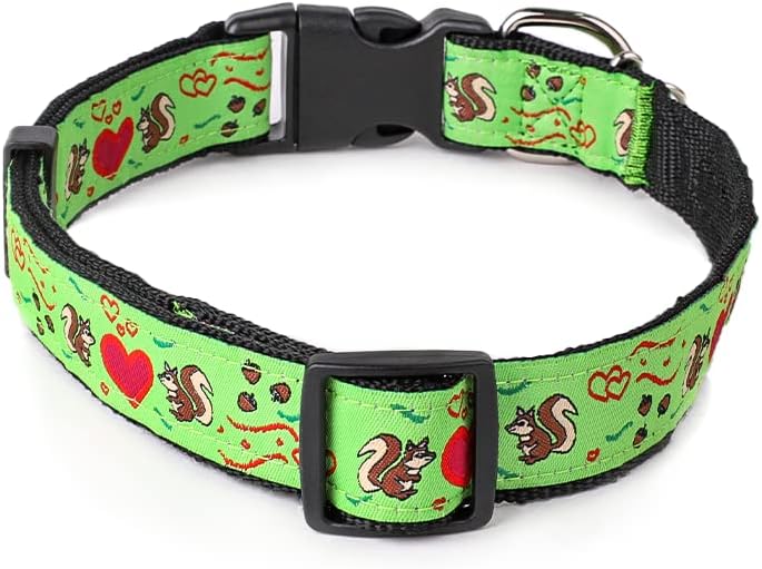 Squirrel Dog Collar by Furry PawPaws - Black and Green Squirrel Dog Collar with a Unique Tag Ring for Tags, Pendants and Accessories Suitable for Walking, Training, Running (Small)