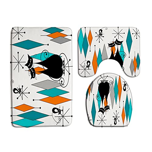 Mid Century Black Cat 3 Pcs Bath Rugs Set,Atomic Starbursts Cat Modern Abstract Geometric Iconic Vintage 1950s 1960s Bathroom Kitchen Rug with 16