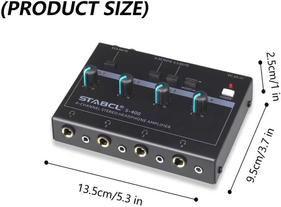 4 Channel Headphone Amplifier, Stereo/Mono Headphone Amp Splitter with 3.5mm,6.35mm,RCA Input. Four 3.5mm and 6.35mm Output. Studio Headphone Amplifier Mixer for Recording