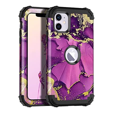 CASEFIV Compatible with iPhone 11 Case,Marble Pattern 3 in 1 Heavy Duty Shockproof Full Body Rugged Hard PC+Soft Silicone Drop Protective Women Girls Cover for iPhone 11 6.1 inch, Purple-02 Cover