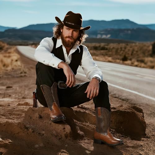 Image of Rollda Cowboy Boots for Men Western Boots Men's Square Toe Chunky Heel Mid-Calf Boots Classic Embroidered Pull On Boots
