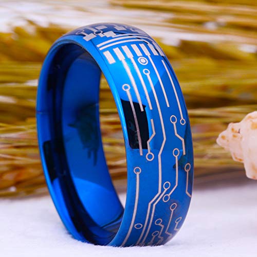 Cloud Dancer 8Mm Width Blue Dome Tungsten Carbide Ring Computer Circuit Pattern Ring Wedding Ring And Engagement Ring-Free Engraving Inside (14.5) #TOP1