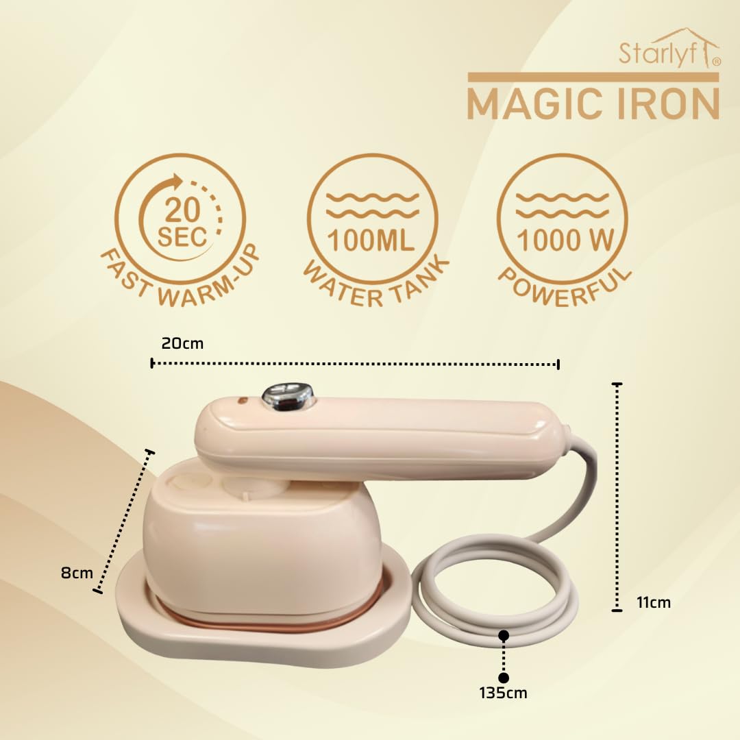 STARLYF Magic Iron Vaporizzatore per biancheria da mano, riscaldamento rapido, 20 secondi, serbatoio 100 ml, doppia funzione a secco e umido, manico girevole a 90°, piastra triangolare, design