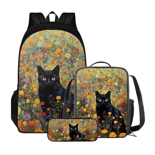 Set di 3 zaini per la scuola con borsa per il pranzo e astuccio zaino per libri universitari per studenti allaperto Gatto nero floreale retrò Taglia unica Zaini Daypack