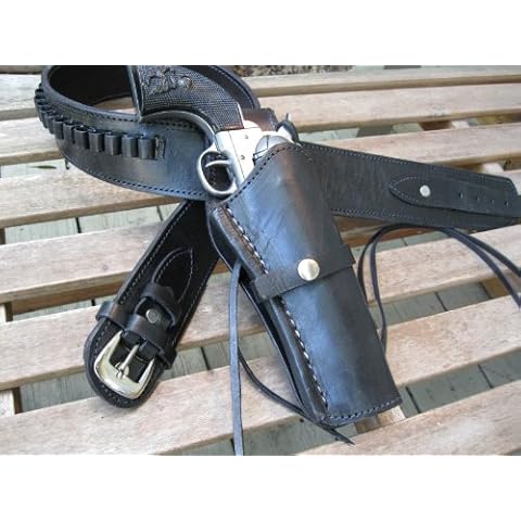 Western Gun Belt - Leather - 45 Caliber - Black Color with 6" Right Handed Smooth Holster Combo (Black, 42") Cover