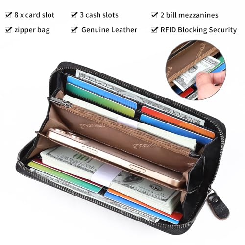 Men's Genuine Leather Zipper Wallet with RFID Blocking, Phone Pocket，Long Zipper Pouch Wallet (Black)3