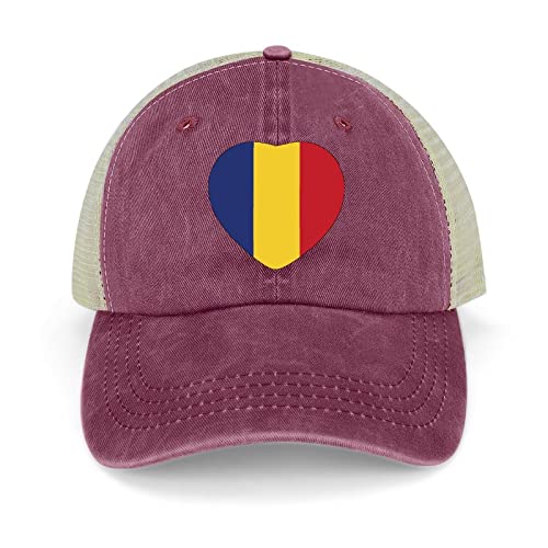 Casquette réglable en maille avec drapeau national de la Roumanie Roumanie - Casquette de baseball rétro délavée - Chapeau de soleil respirant, Rouge vin-Roumanie, Taille Unique