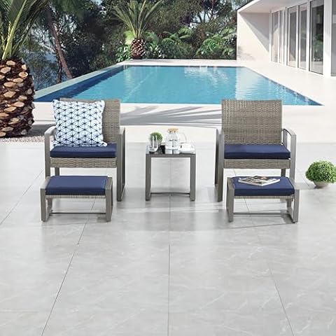 LOKATSE HOME Patio Conversation Bistro Set 5 Pieces Outdoor PE Wicker Rattan Sofa All Weather Furniture Cushioned Chairs and Ottomans with Tempered Glass Coffee Table for Backyard, Garden, Porch Cover