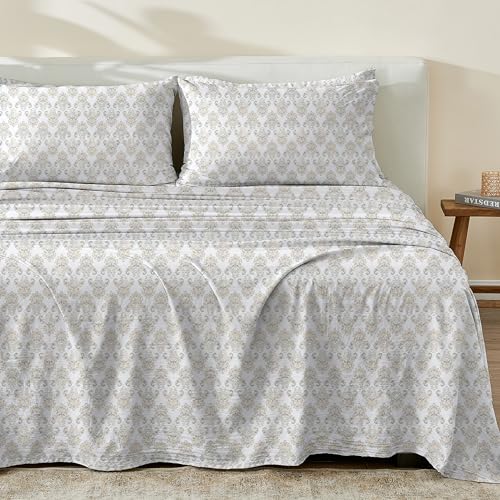 Vintage Comfort 100% Cotton Percale Queen Bed Sheets| White Floral Printed, 4 Piece Cotton Sheet Set | Lightweight, Breathable, Crisp Bedding Sheets & Pillowcases (Queen, White/Tan Vintage Floral)