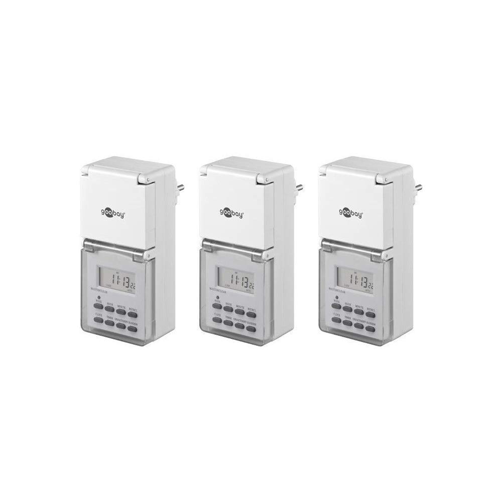 Goobay 55546 Timer digitale per esterni - IP44 - programmabile - 10 programmi di commutazione - display LCD - batteria di riserva per 4 giorni - set di 3 - Versione Tedesca