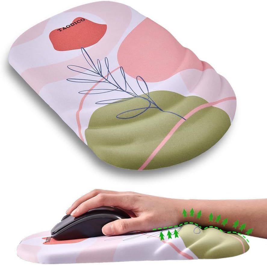 Ergonomic Mouse Pad with Wrist Rest, Milk Silk Fabric Durable Silicone Filling Non-Slip Pu Base, Massage Design Pain Relief Mousepad for Wireless Mouse and Desk, 12x8inch Pink Tulip