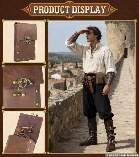 Image of 7PCS Renaissance Accessories - Medieval Belt, Viking Leather Bracers, Belt Pouch & Money Bag for Halloween Cosplay