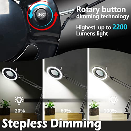 10X Magnifying Glass With Light, Kirkas 2,200 Lumens Led Magnifying Lamp With Clamp, Stepless Dimmable Real Glass Lens Magnifier, Adjustable Arm Workbench Light For Close Work Hobby Repair - Black #TOP2