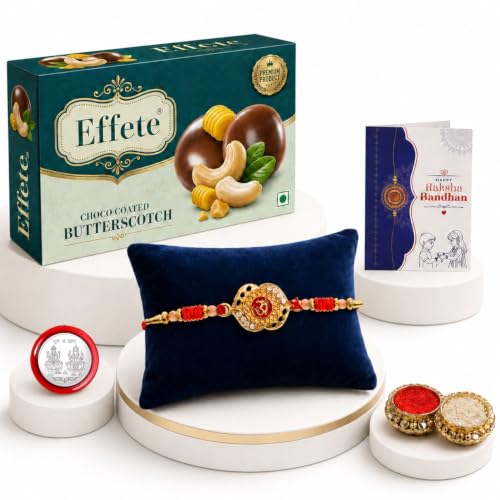 Image of DeoDap Rakhi with Chocolate for Brother - OM Design Rakhi with Butter Scotch Chocolate (32g) with Silver Color Pooja Coin, Greeting Card & Tilak Set - Raksha Bandhan Combo (K1 1093 BS32)
