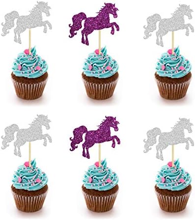 24PCS Glitter Horse Cupcake Toppers for Baby Shower, Happy Birthday Unicorn Cake Decor, Animal Themed, Kids Birthday Party Decoration Supplies