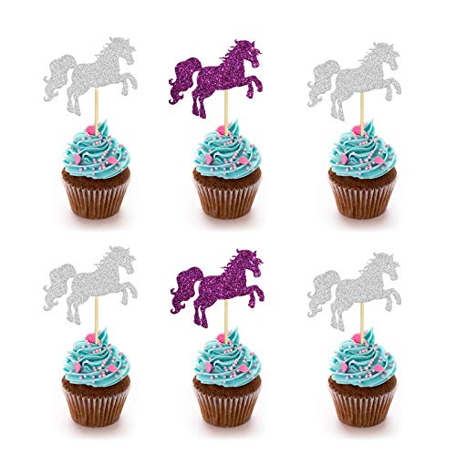 24Pcs Glitter Horse Cupcake Toppers For Baby Shower, Happy Birthday Unicorn Cake Decor, Animal Themed, Kids Birthday Party Decoration Supplies #TOP3